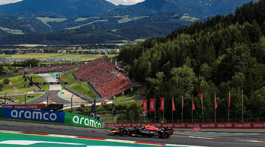A Red Bull F1 car racing at the Red Bull Ring during the Austrian GP