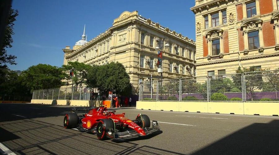 a Ferrari Formula 1 car racing during the Azerbaijan Grand Prix