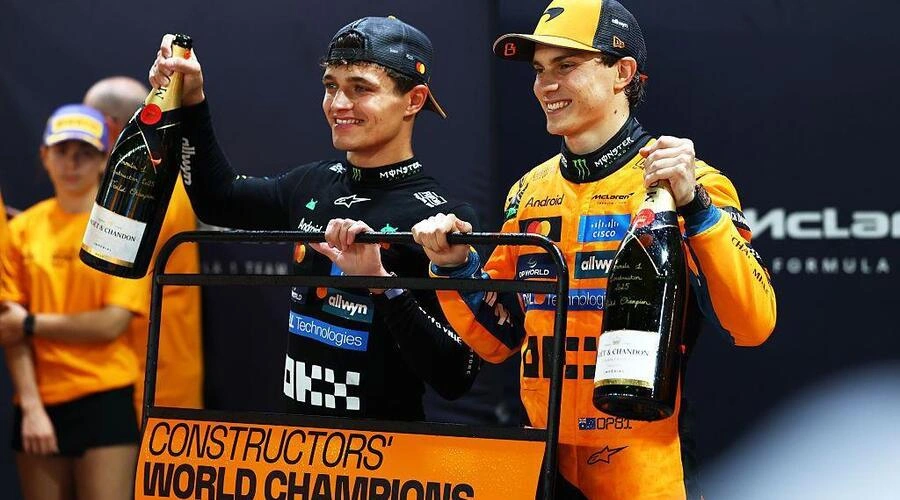 Lando Norris and Oscar Piastri celebrate McLaren’s 2025 Constructors’ Championship